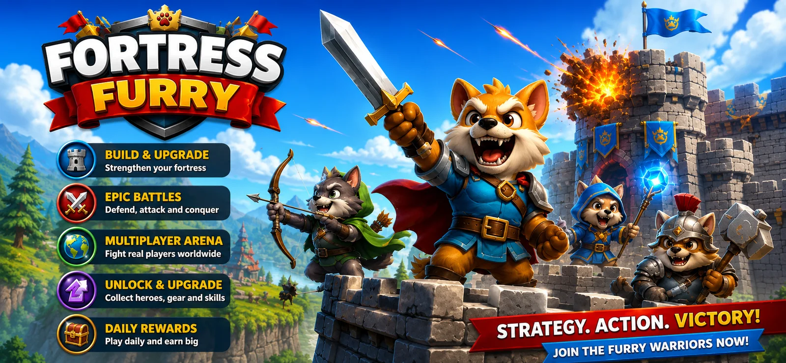 Fortress Fury gameplay banner showing fox and wolf warriors defending a stone fortress